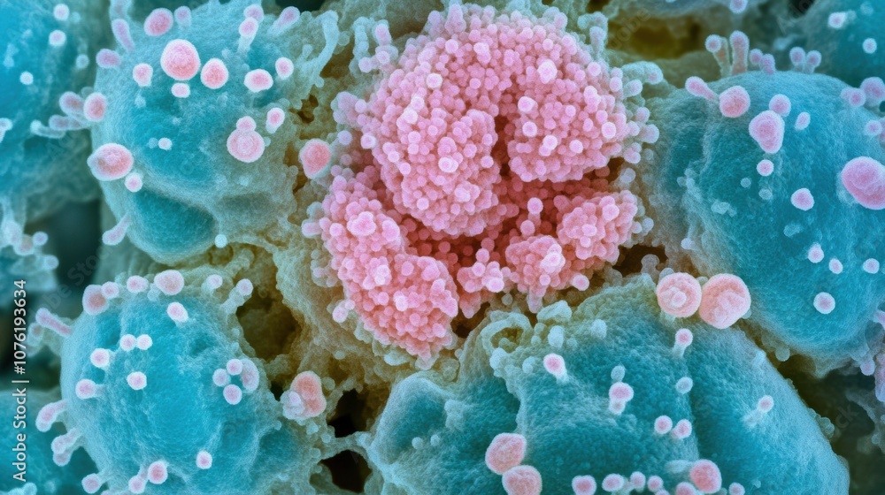 Poster detailed observation of virus cells reveals their unique structures and colorful interactions at a m