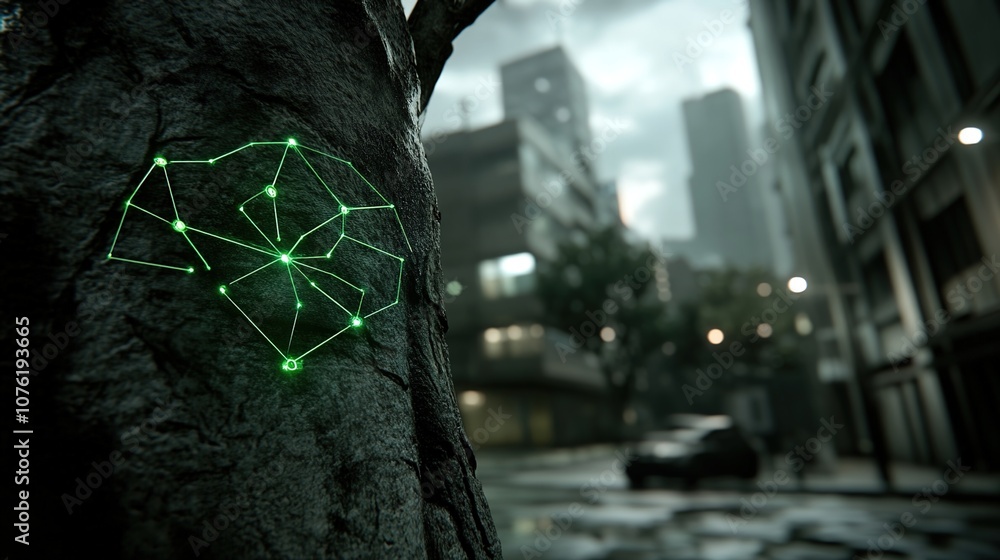 Poster futuristic urban scene with tree and digital network representation on bark in a misty cityscape env