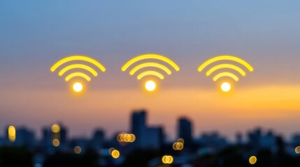 Sunset Over Cityscape with Abstract Wireless Signal Icons Symbolizing Connectivity and Modern Communication in a Vibrant Evening Atmosphere