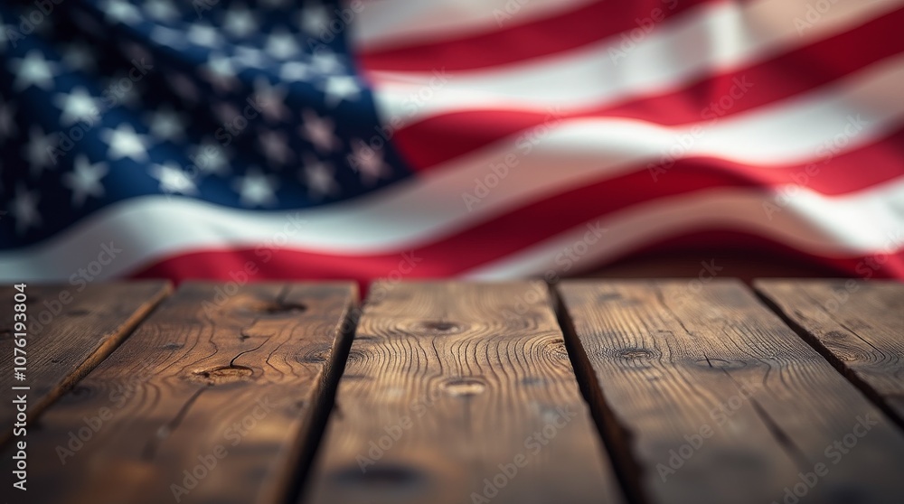 Wall mural Wooden table with blurred American flag background. Patriotic and Independence Day concept. Banner with copy space