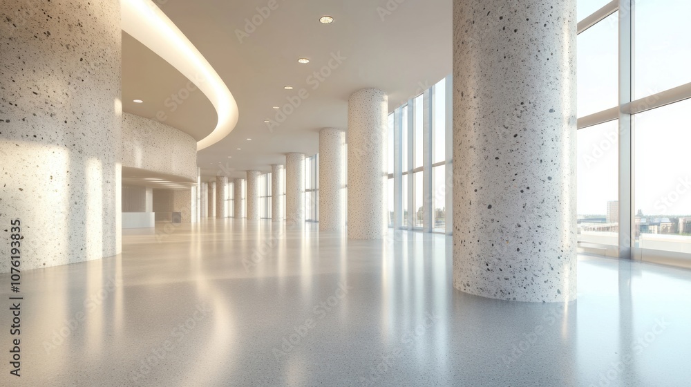 Poster the architectural interior showcases curved columns and large windows, creating an open and airy env