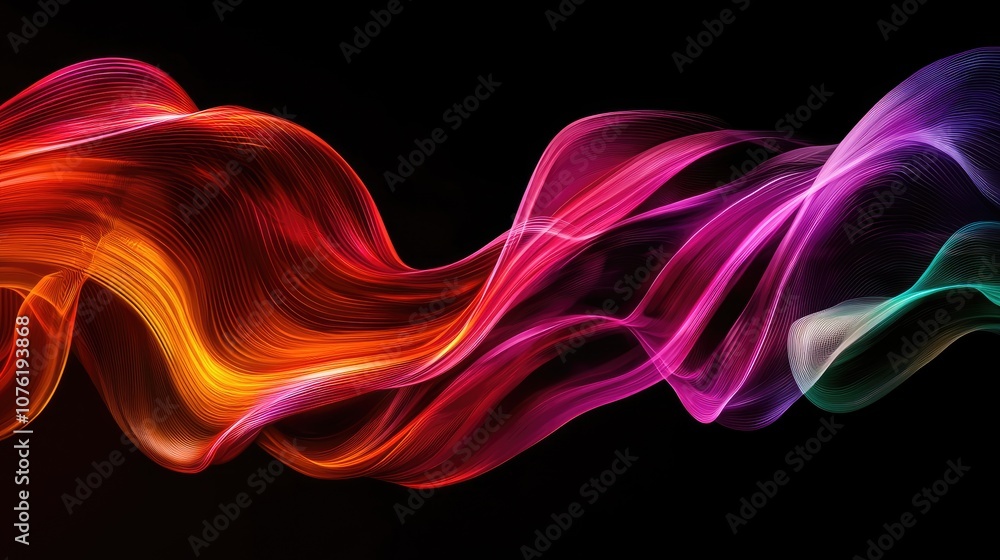 Poster vibrant, colorful waves of light creating a dynamic visual on a dark background.