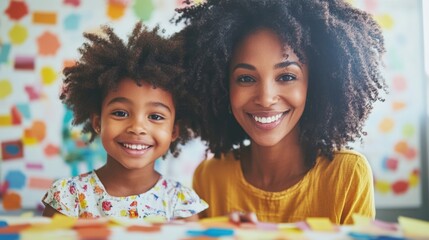 A mother and her daughter smile brightly as they engage in arts and crafts, surrounded by colorful materials and creative inspiration