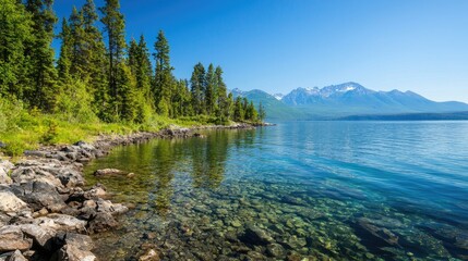 Tranquil lake with clear water surrounded by lush greenery and majestic mountains.