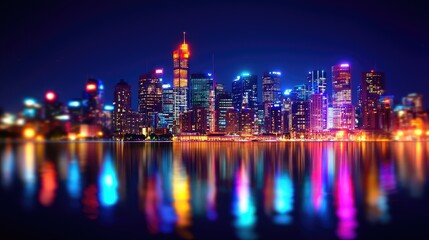 Fototapeta premium Vibrant city skyline at night with colorful reflections on the water surface.