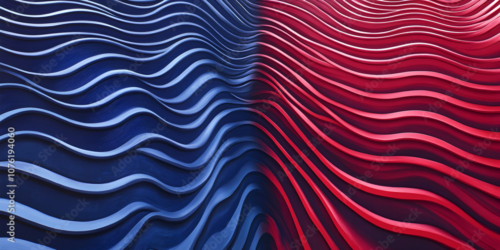 Poster crimson and cobalt waves: abstract 3d render of undulating, flowing lines in vibrant crimson and cob