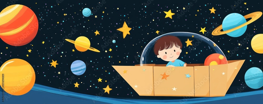 Poster a child in a cardboard spaceship exploring a colorful, whimsical space scene filled with planets.