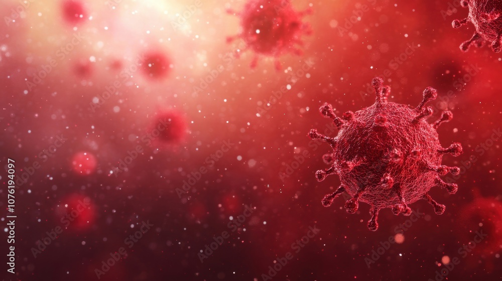 Poster vibrant red virus cells float against a dynamic background, illustrating the intricate details of vi