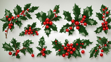 Many sprigs of holly with bright red berries, arranged on a white surface.