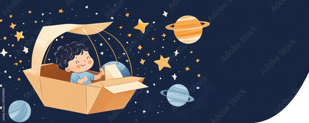 Poster a child in a cardboard box spaceship explores a starry space scene, evoking imagination.