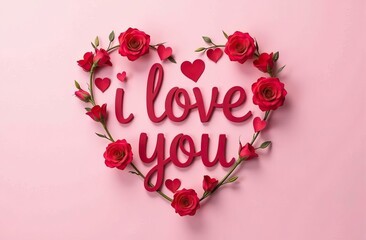Obraz premium The words I love you placed in a heart of flowers, pink background