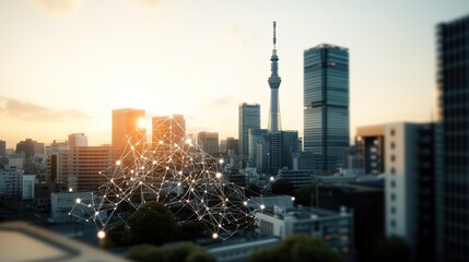Urban skyline at sunset with futuristic network overlay illustrating connectivity, technology, and modern architecture in a vibrant cityscape