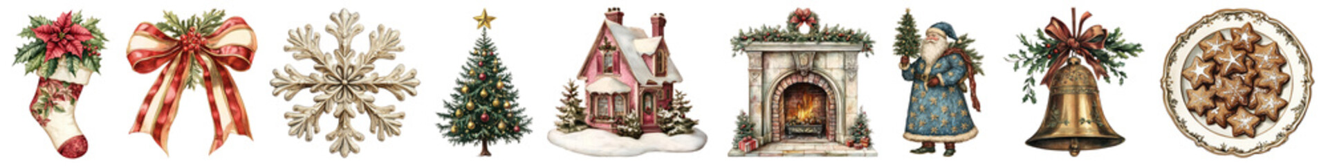 Vintage Christmas illustration png cut out element set