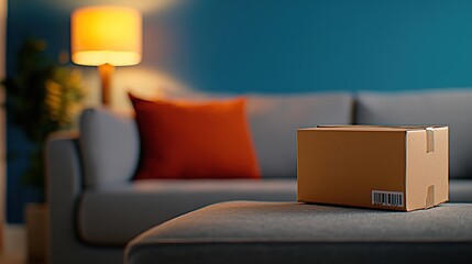 Cozy Living Room Scene with Unopened Brown Delivery Box on Coffee Table Surrounded by Soft Sofa and Warm Lighting in Contemporary Interior Design
