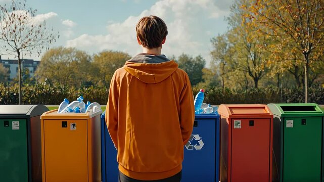 Young man standing in front of recycling bins, recycle, waste, garbage, trash, plastic