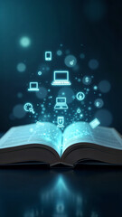 Open book with various computer, money icons in the form of holograms above the open book on a blurred futuristic background.