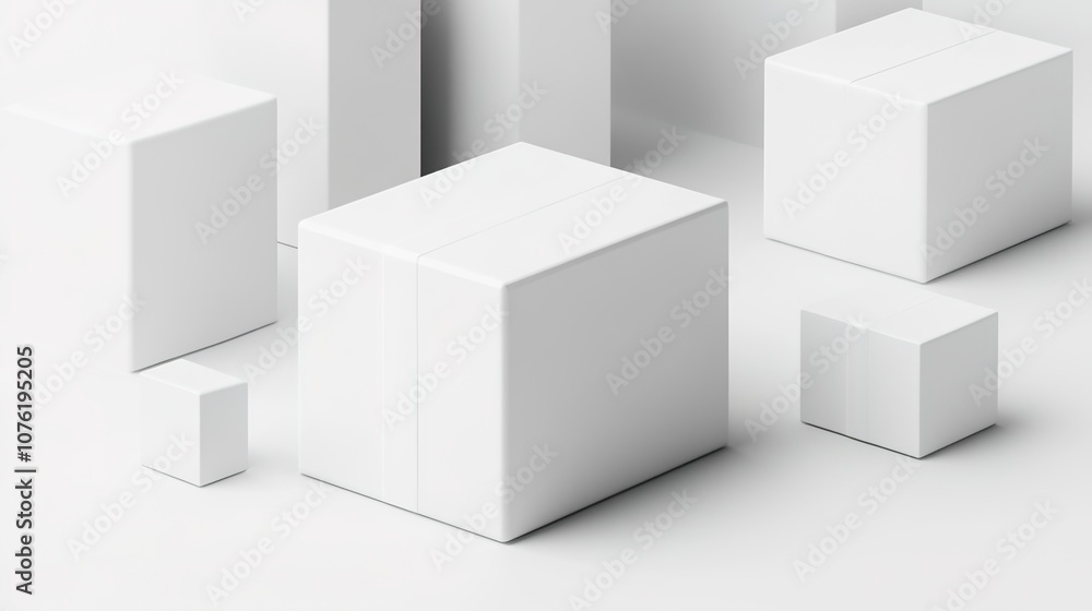 Poster minimalist arrangement of white boxes in various sizes on a soft white background, ideal for use in 