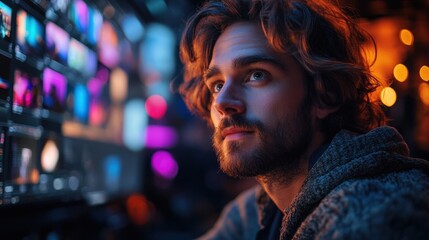Young man looking up thoughtfully in front of a monitor with colorful squares