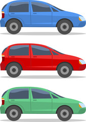 Fototapeta premium Set of multi-colored passenger cars isolated on white background with shadow. Set of cars. Vector, designer illustration.