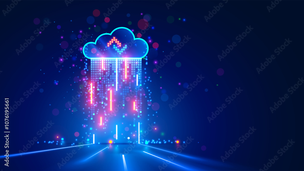 Aufkleber Cloud computing concept. Cloud storage. Digital internet technology. Database remote. Cloud technology. Data center. A digital cloud hangs above the surface and exchanges neon signals in form of rain.