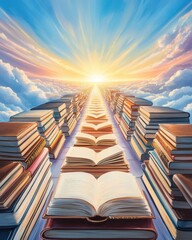 Growth through becoming a lifelong learner concept. A surreal pathway of open books leads toward a bright, glowing sunrise, surrounded by clouds, symbolizing knowledge and enlightenment