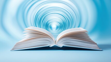 Fototapeta premium Growth through becoming a lifelong learner concept. An open book with swirling blue patterns in the background, conveying a sense of motion and imagination
