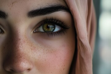 Headshot portrait of a woman in a hijab, showcasing her beautiful eyes and serene expression, with soft lighting highlighting her elegance and cultural pride