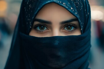 Headshot portrait of a woman in a hijab, showcasing her beautiful eyes and serene expression, with soft lighting highlighting her elegance and cultural pride