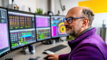 Fototapeta premium A focused engineer observes data and graphs on multiple monitors, analyzing information in a modern tech environment.