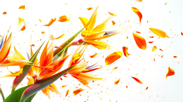 A beautiful bouquet of juicy bright orange strelitz flowers with petals flying in different directions on a white background. Poster for March 8th. Women's day