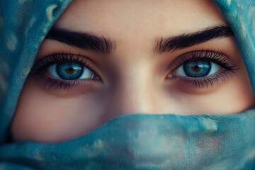Headshot portrait of a woman in a hijab, showcasing her beautiful eyes and serene expression, with soft lighting highlighting her elegance and cultural pride