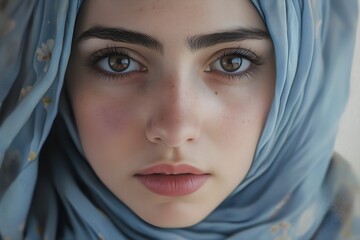 Headshot portrait of a woman in a hijab, showcasing her beautiful eyes and serene expression, with soft lighting highlighting her elegance and cultural pride