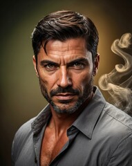 Obraz premium Intense Male Portrait with Strong Features and Dramatic Lighting Showcasing Smoke in Background, Capturing Emotion and Charisma in Studio Setup