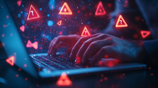 A person using a laptop with multiple red and blue warning signs floating around the screen