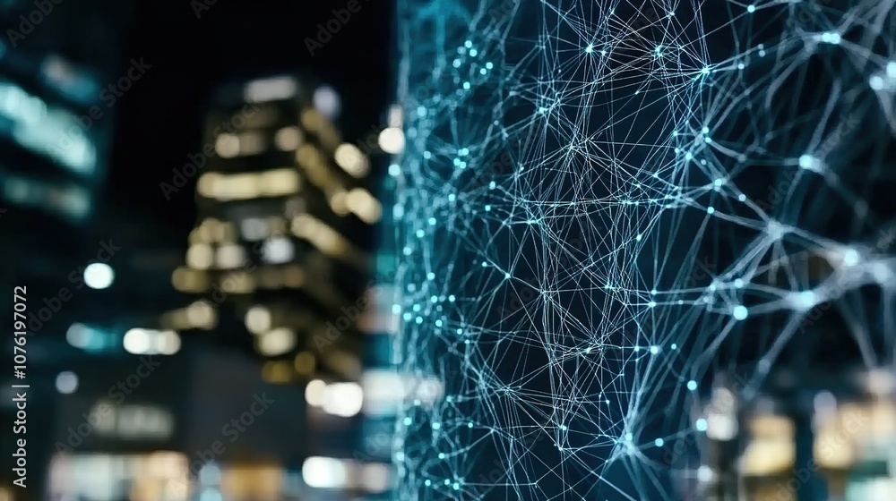 Poster abstract representation of neural connections in a futuristic cityscape with blurred lights and inno