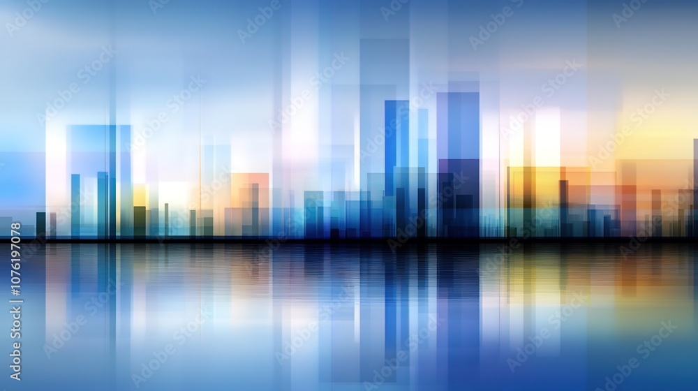 Poster abstract cityscape with colorful reflections in water and soft gradient background for contemporary 