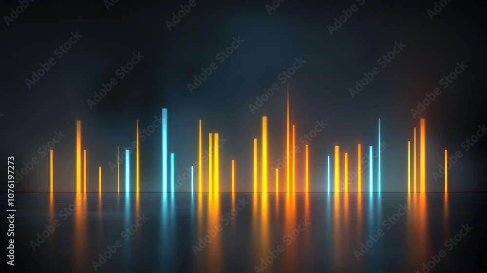 Poster vibrant abstract sound waves visualization with colorful bars reflecting light in a dark background 