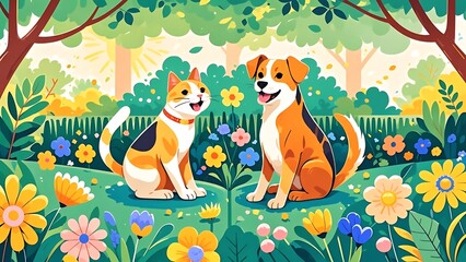 Vector image of a cat and a dog playing together in a green park, surrounded by colorful flowers and trees. Cheerful and friendly expressions.