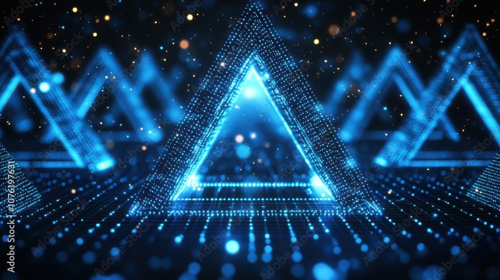 Poster futuristic blue triangular structures illuminated with glowing dots, creating a mesmerizing 3d digit