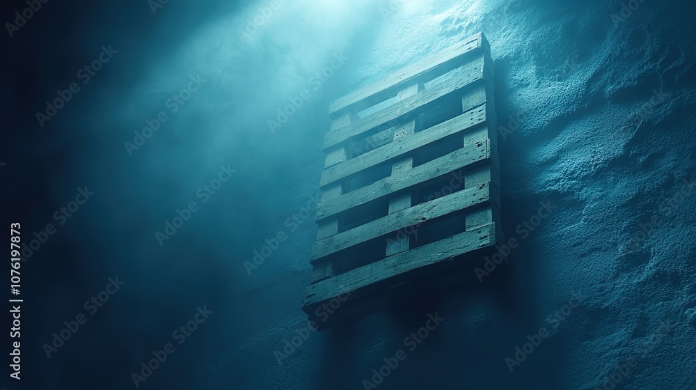 Poster atmospheric light creating shadows on a wooden pallet against a textured wall in a dimly lit space, 