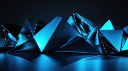 Abstract geometric shapes in blue lighting create a modern, futuristic atmosphere.