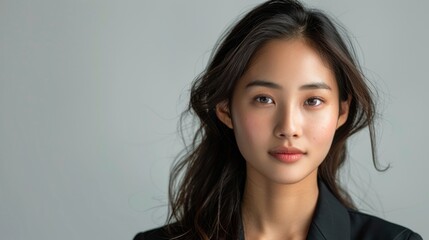 Fototapeta premium Close-up of a beautiful Asian woman with long brown hair, gazing into the camera with grace and charm