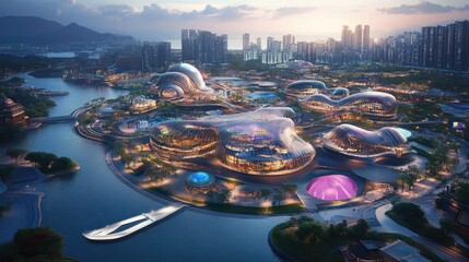 Fototapeta premium Stunning Aerial View of a Contemporary Urban Landscape Featuring Unique Architectural Designs, Reflections in Water, and Vibrant City Life at Sunset