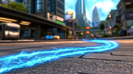 Obraz premium Dynamic Urban Scene with Illuminating Blue Electric Arc on Paved Street in a Modern City Featuring Skyscrapers and Vehicles Under Clear Sky