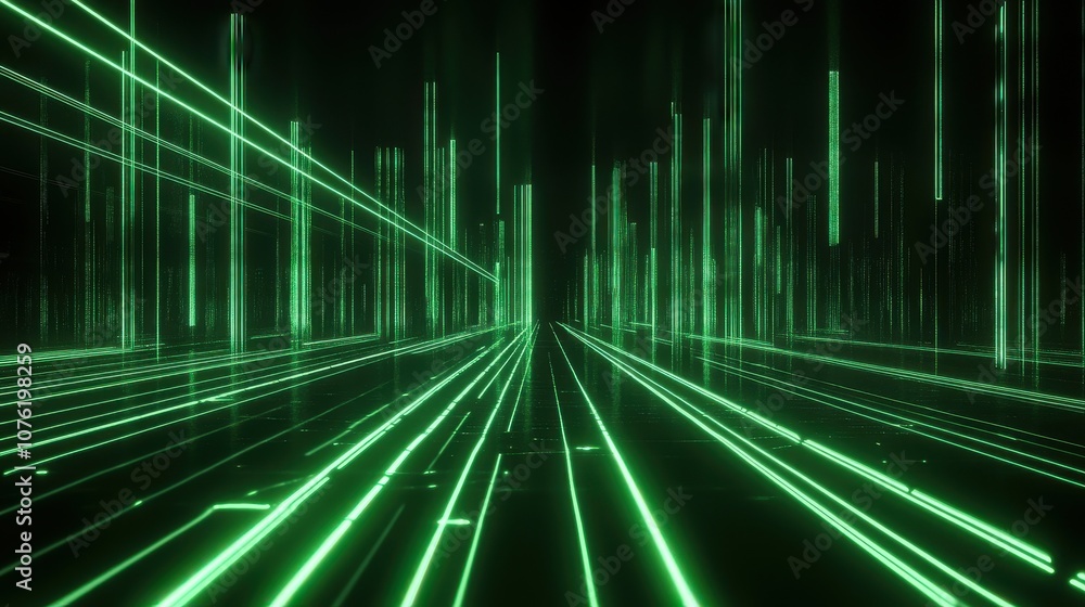 Poster futuristic green digital landscape with glowing lines and geometric patterns, creating a sense of de