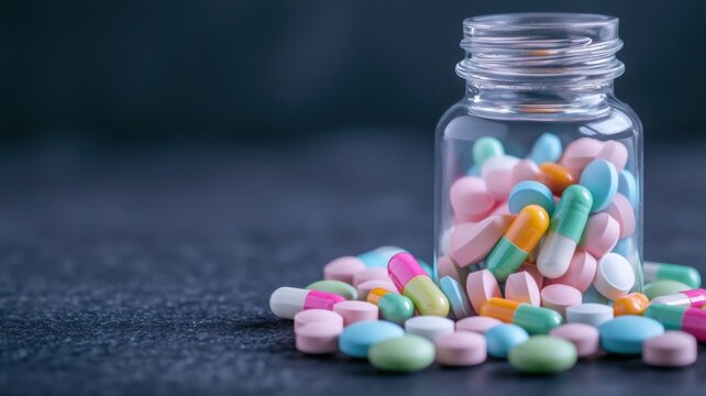 A glass jar spills colorful pills onto a dark surface, showcasing an assortment of shapes and sizes, emphasizing the theme of health and medicine.