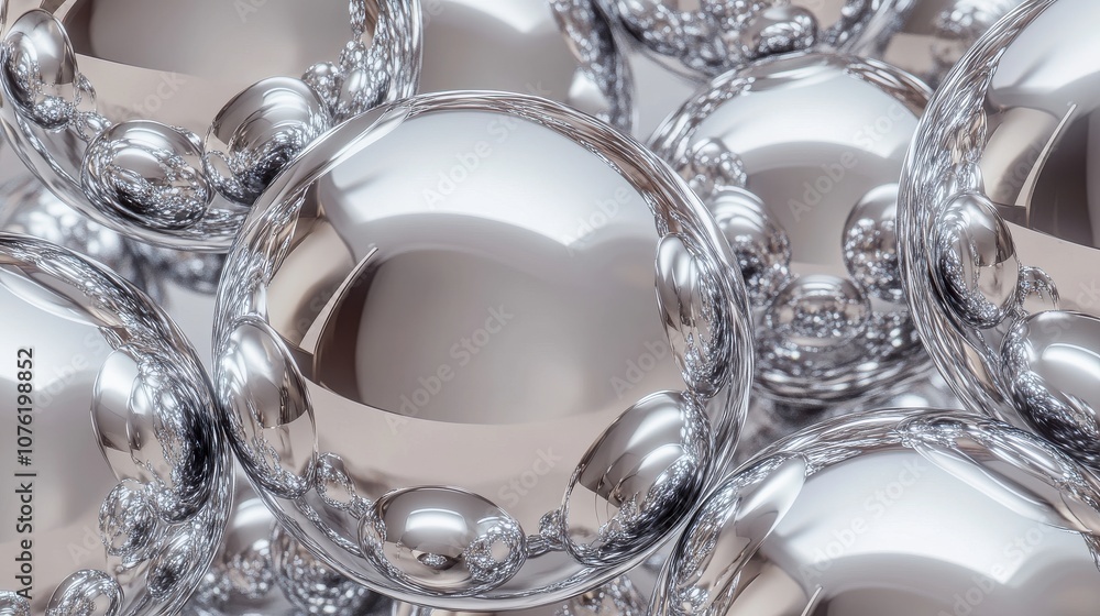 Poster close-up of shiny metallic spheres reflecting light, creating a modern and sleek abstract compositio