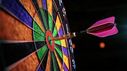 A dynamic close-up of a dart hitting the bullseye of a colorful dartboard, highlighting precision and focus in the game.