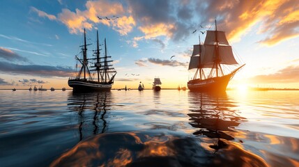 Bustling Harbor at Sunset with Ships Coming and Going