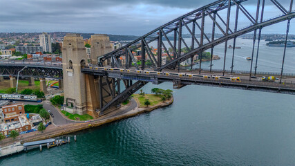 Aerial Drone view of Sydney Harbour bridge and Harbour foreshore Sydney NSW Australia